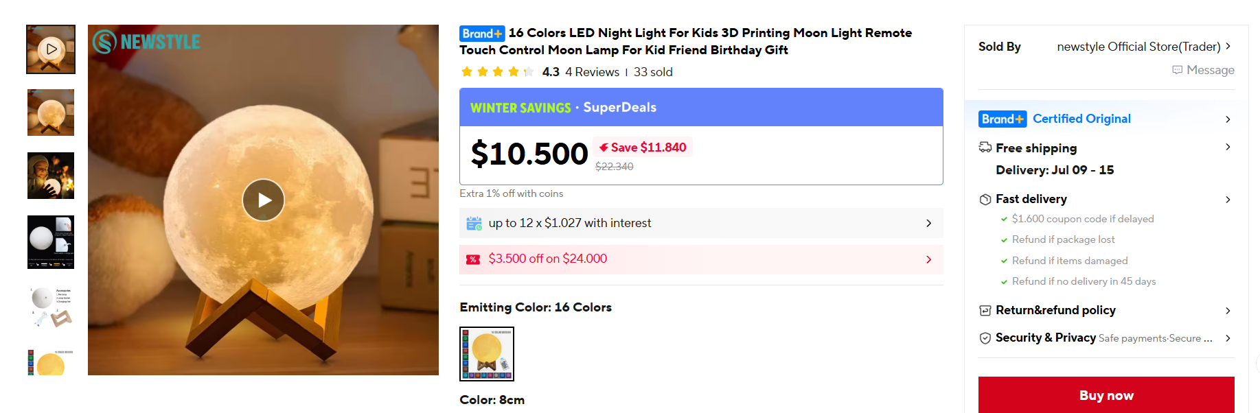 Página de AliExpress de una lámpara de luna 3D de 16 colores a $10.500 la unidad con envío gratis.