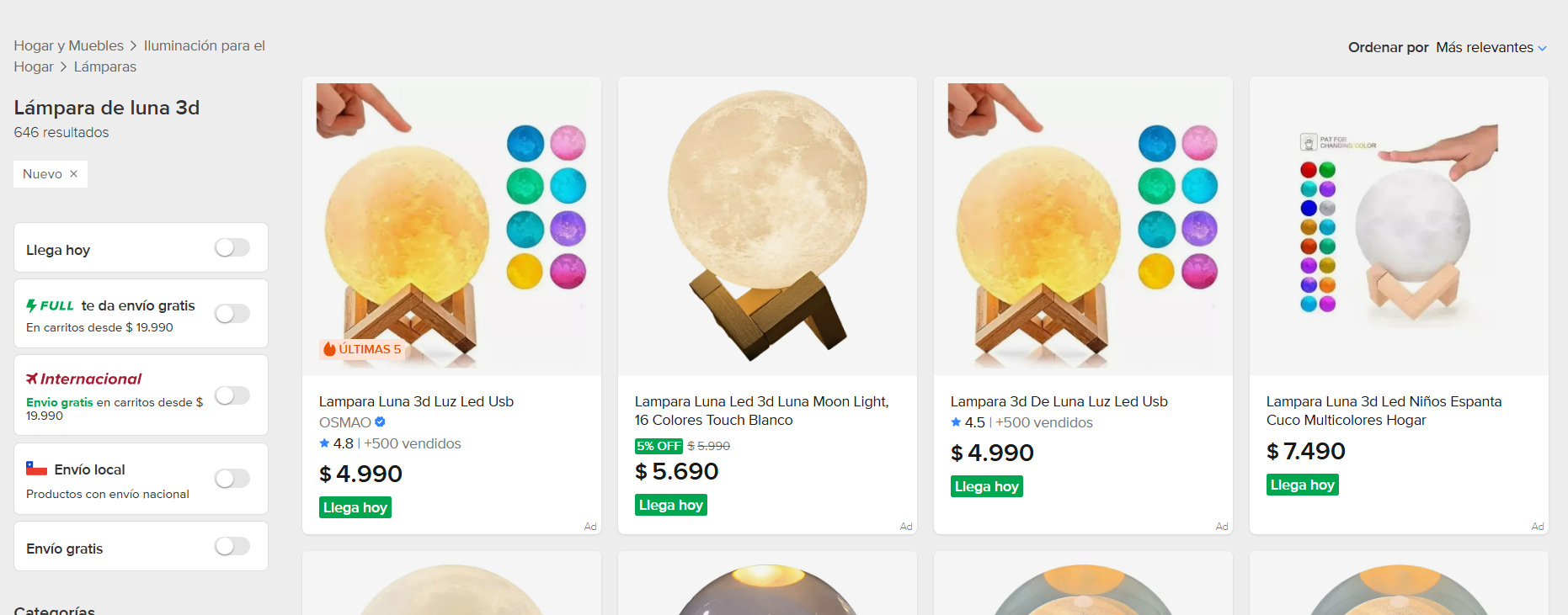 Resultados de MercadoLibre Chile para 'lámpara de luna 3d': 646 resultados, líderes con más de 500 vendidos y precios desde $4.990 con envío gratis.